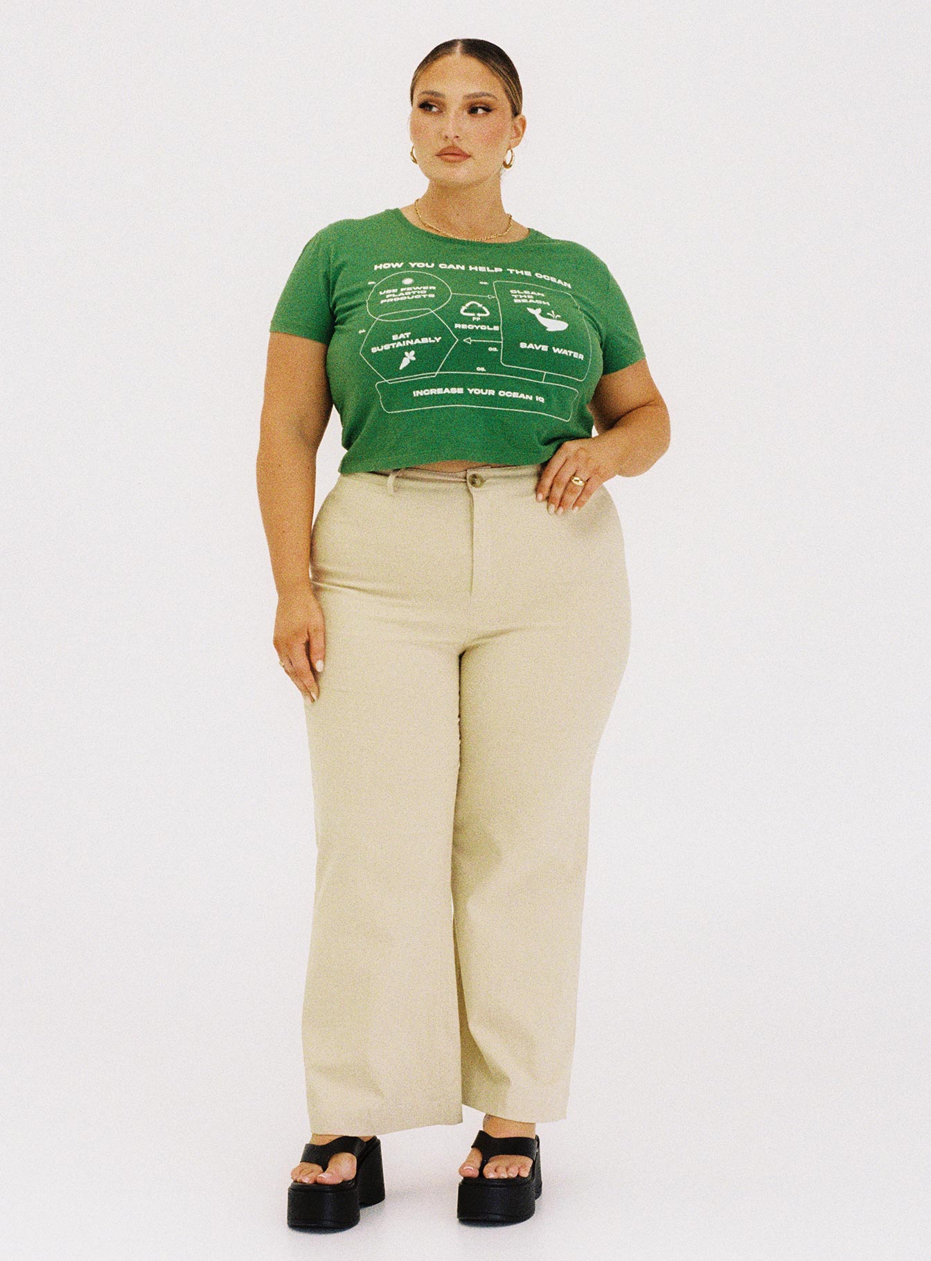 front view of model wearing Princess Polly Carter Pants Beige Curve 