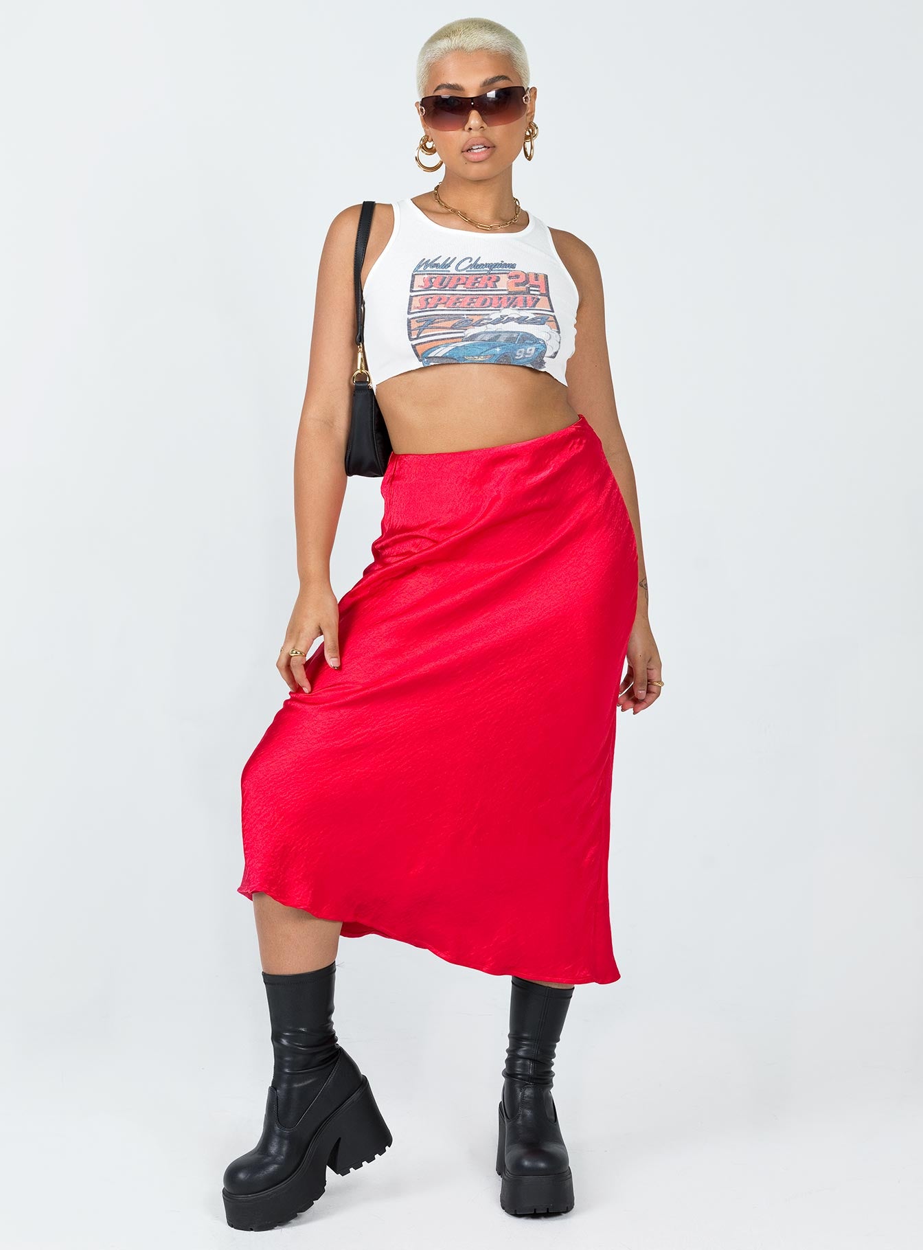   front view of model wearing Princess Polly Tyra Satin Midi Skirt Red Midi Skirts 