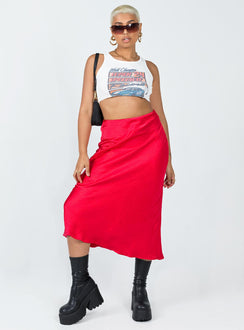   front view of model wearing Princess Polly Tyra Satin Midi Skirt Red Midi Skirts 