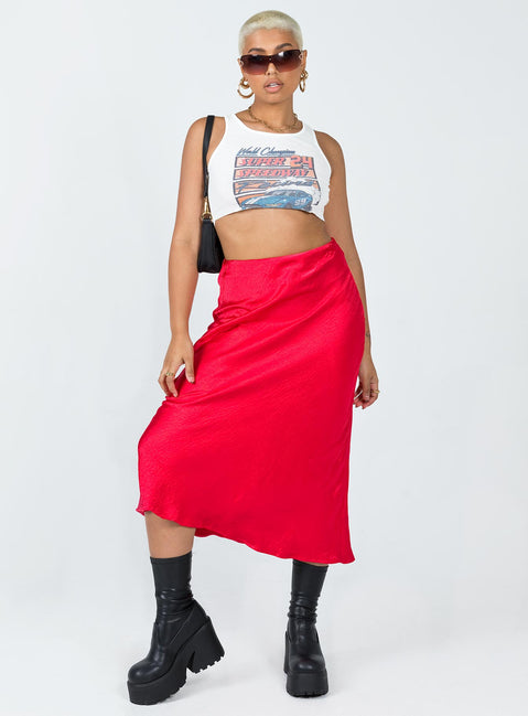   front view of model wearing Princess Polly Tyra Satin Midi Skirt Red Midi Skirts 