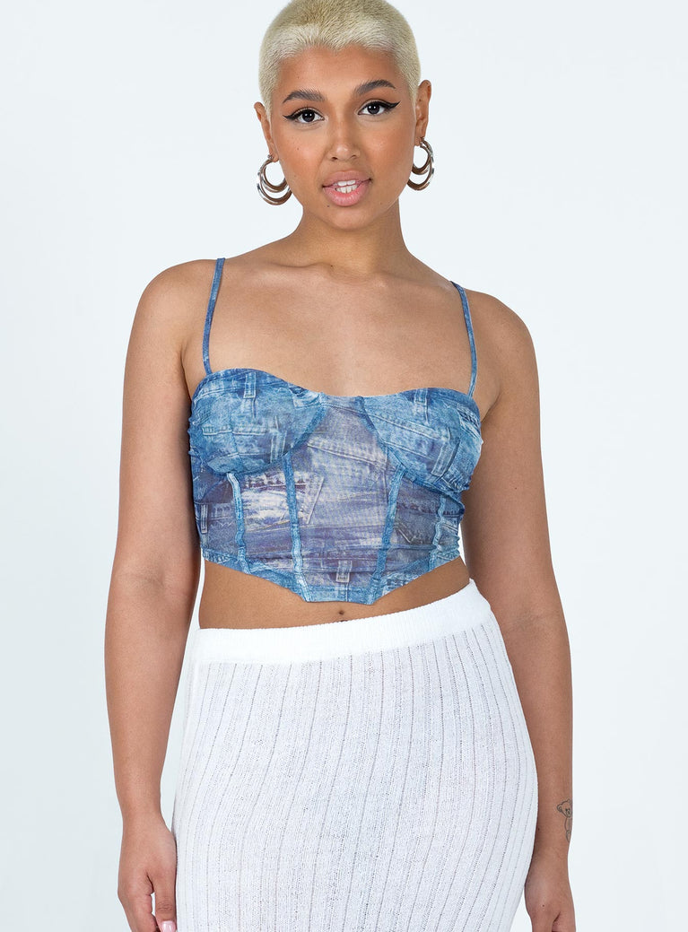 front view of model wearing Princess Polly Sisto Top Blue Sleeveless Sweetheart 