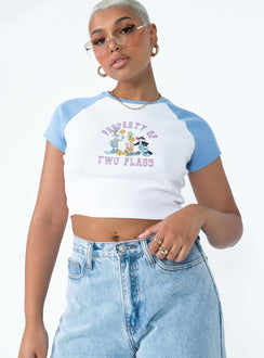 front view of model wearing Princess Polly Looney Tunes Two Flags Cropped Tee White / Blue Short Sleeves Crew Neck 
