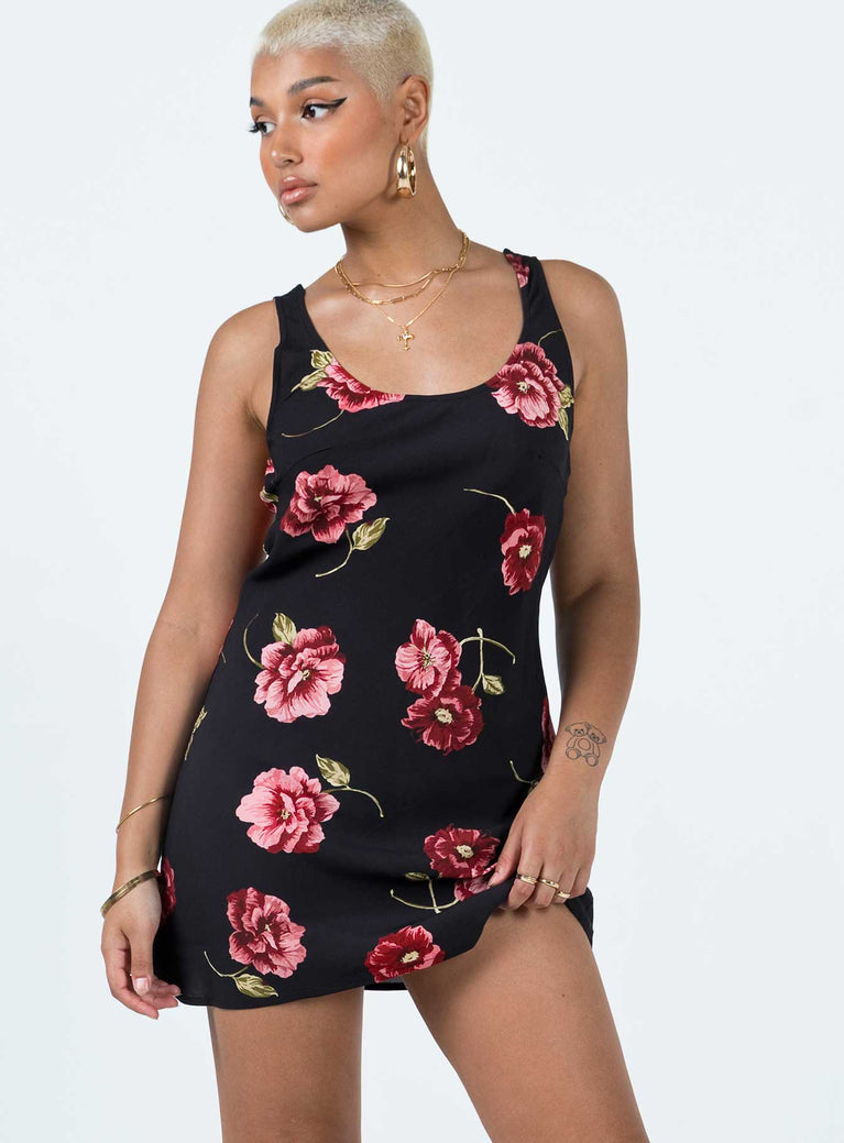 Front view of model wearing  front Princess Polly Crew Neck  Shelli Vintage Floral Mini Dress Black / Multi