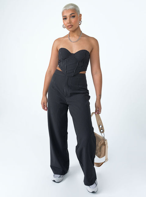 Matching set Pinstripe print  Strapless corset top  Wired cups  Boning throughout  Inner silicone strip at bust  Zip fastening at back  High waisted pants  Zip & button fastening  Wide leg  Non-stretch Lined top 