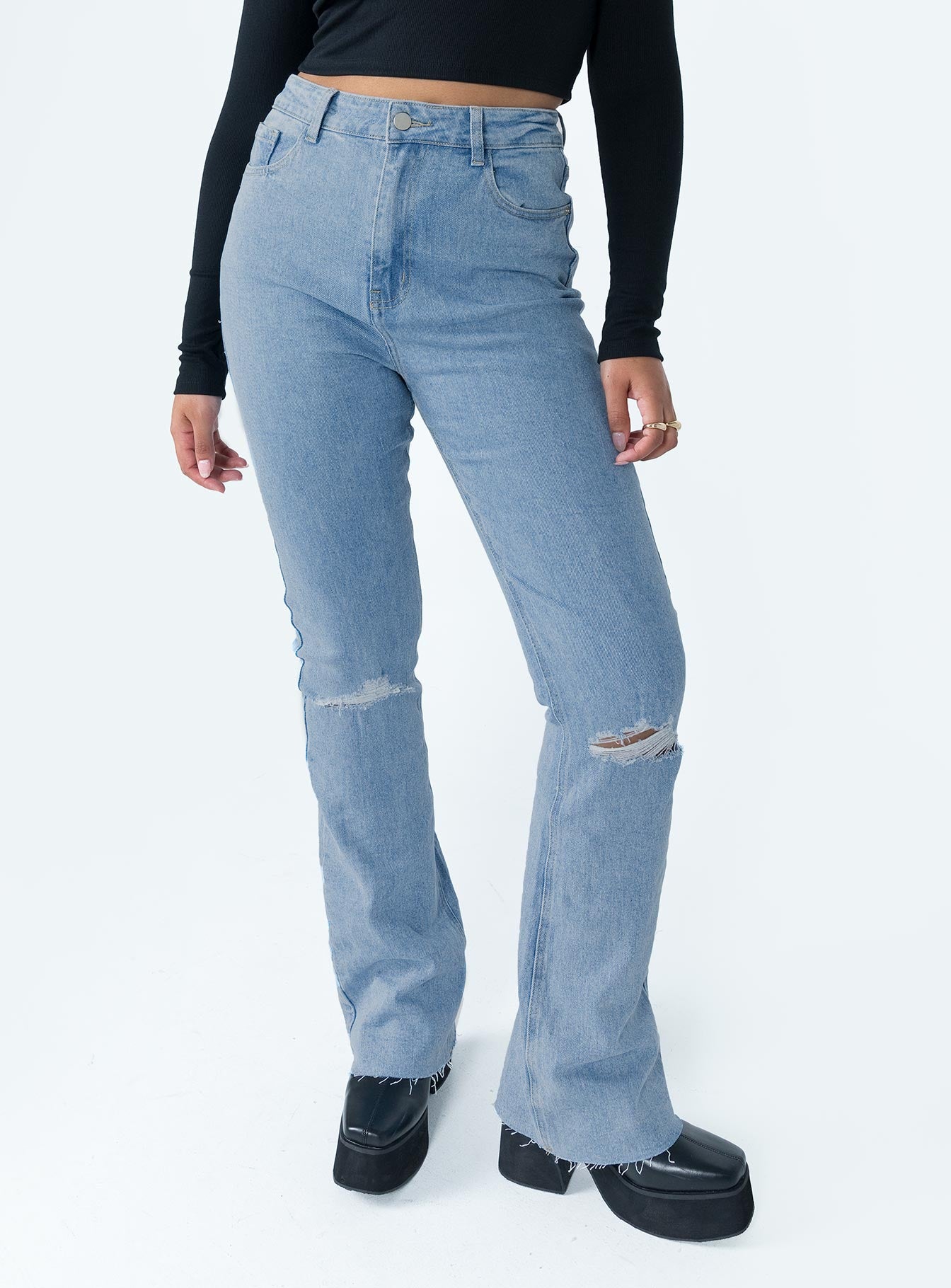 Mid rise flare leg on sale jeans