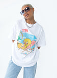 side view of model wearing Princess Polly Tweety Post Card Vacation Oversized Tee White Short Sleeve Crew Neck 