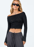 Long sleeve top Cut out detail Can be worn on or off the shoulder Slightly sheer Good stretch Mesh lined