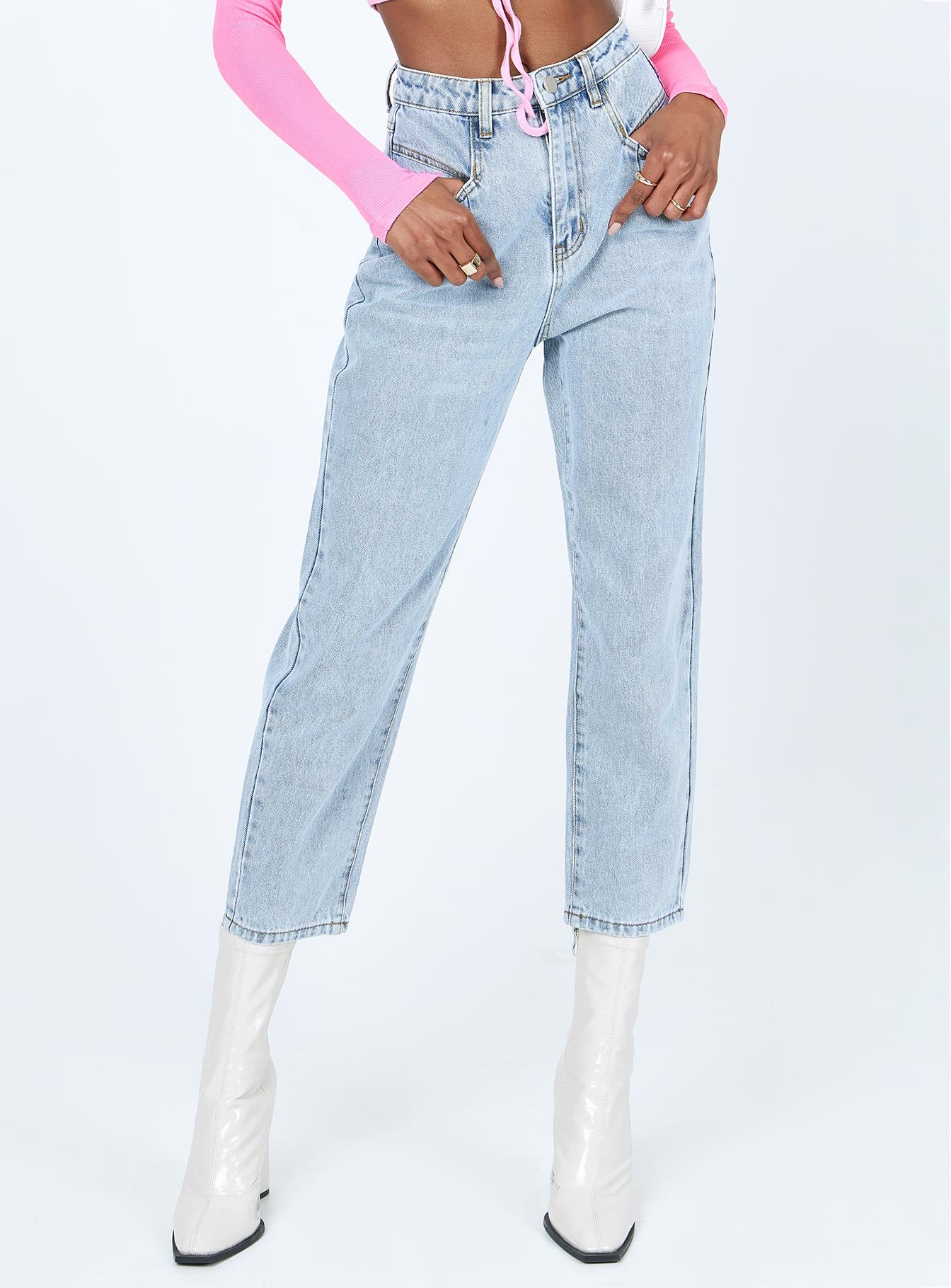 front view of model wearing Princess Polly Kibrya Mom Denim Jeans Mid Rise 
