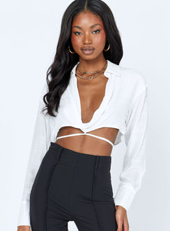 back view of model wearing Princess Polly Caprice Long Sleeve Top White 