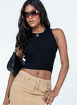 front view of model wearing Princess Polly Cordova Top Black Sleeveless Crew Neck 