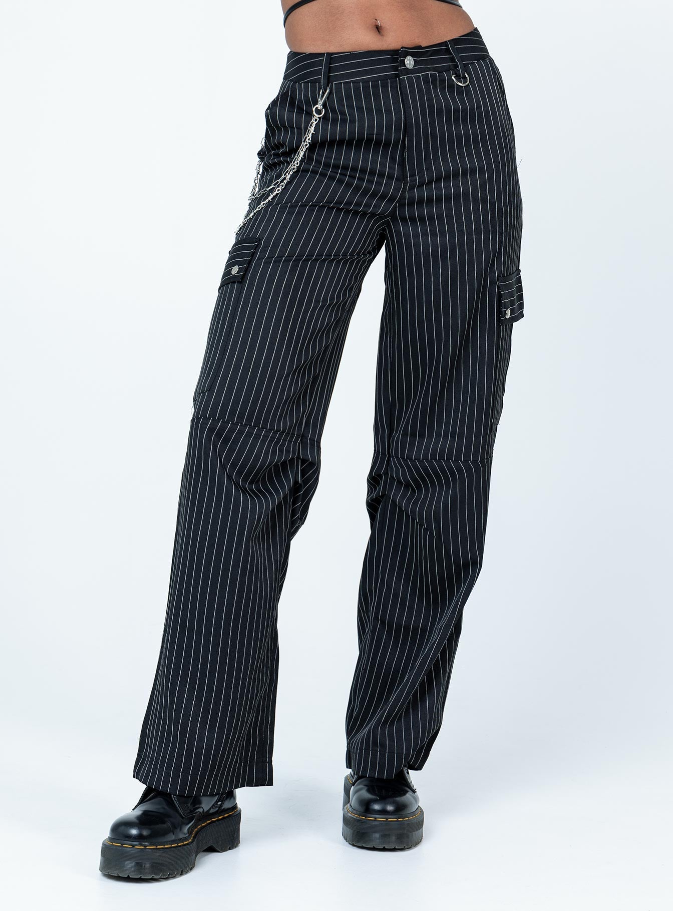 back view of model wearing Princess Polly Boyd Pinstripe Cargo Pants Black 