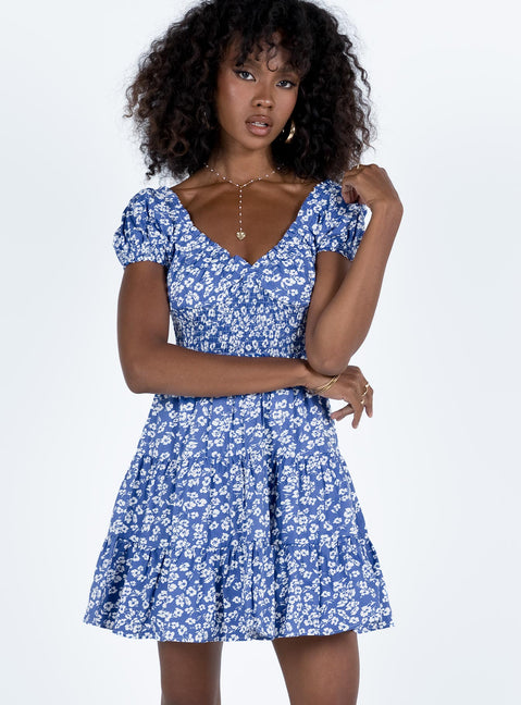 Front view of model wearing  front Princess Polly Crew Neck  Daniela Mini Dress Blue Floral