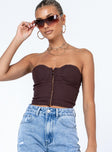 front view of model wearing Princess Polly Oakdale Top Brown Sleeveless Sweetheart 