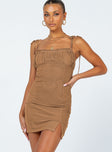 front view of model wearing Princess Polly Ledger Mini Dress Brown 