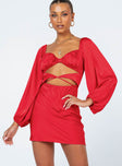 front view of model wearing Princess Polly Nakita Long Sleeve Mini Dress Red 