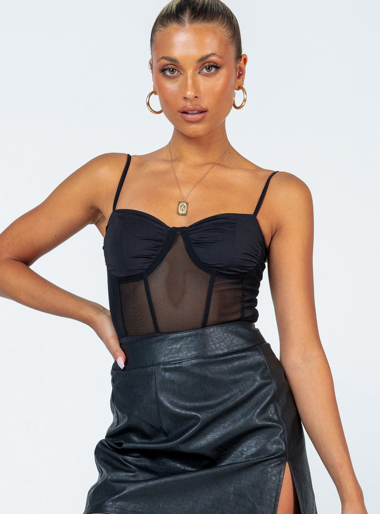 Bodysuit  Slim fitting  95% polyester 5% elastane  Adjustable shoulder straps  Sheer mesh waist & back  Invisible zip fastening at back  Cheeky cut bottom  Press clip fastening at base 