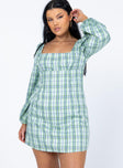 front view of model wearing Princess Polly Hastings Long Sleeve Mini Dress Green Check 