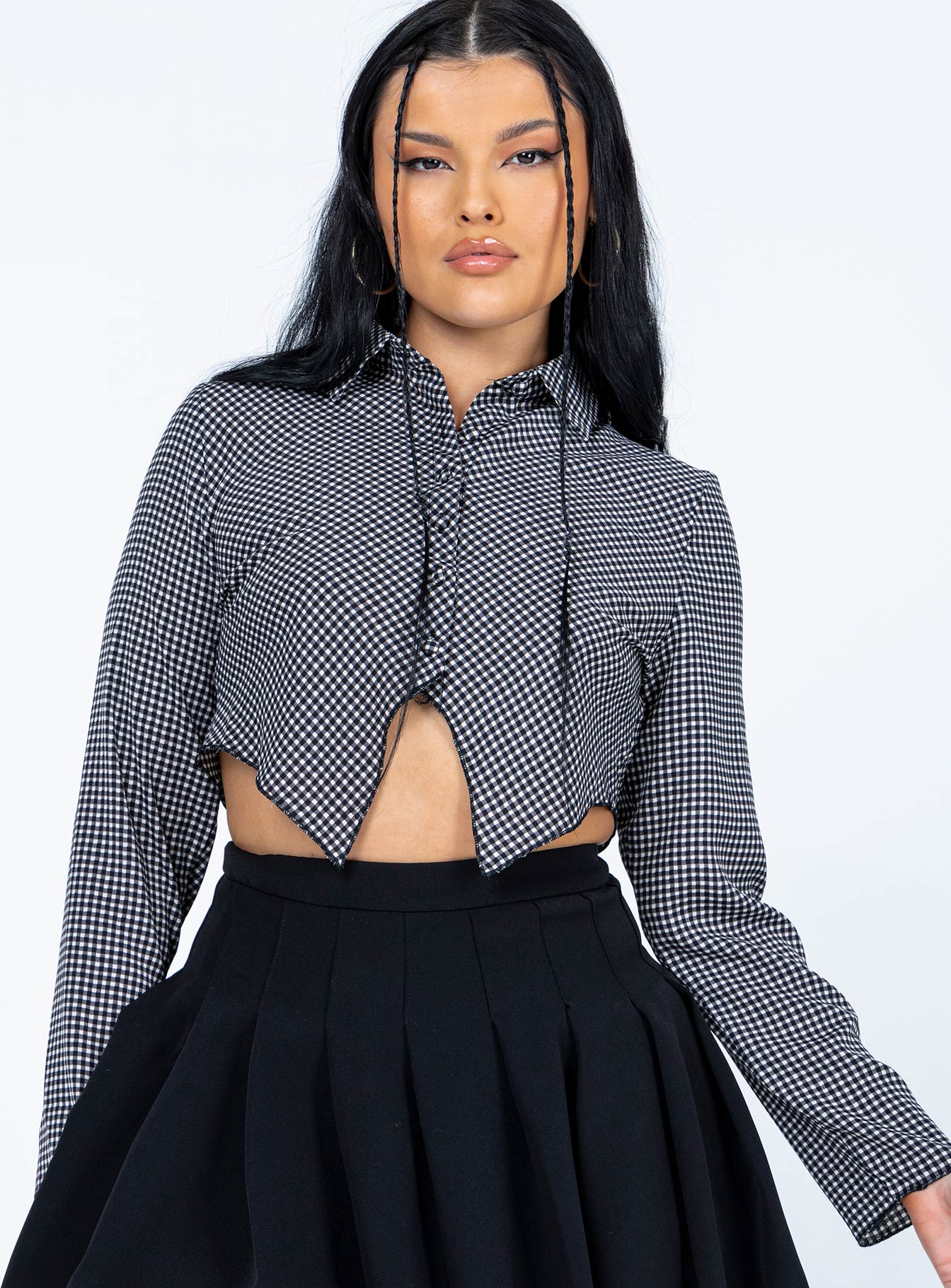 front view of model wearing Princess Polly Nina Long Sleeve Top Black 