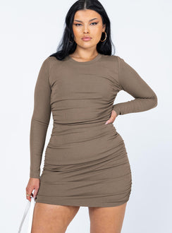 front view of model wearing Princess Polly Ayden Mini Dress Brown 