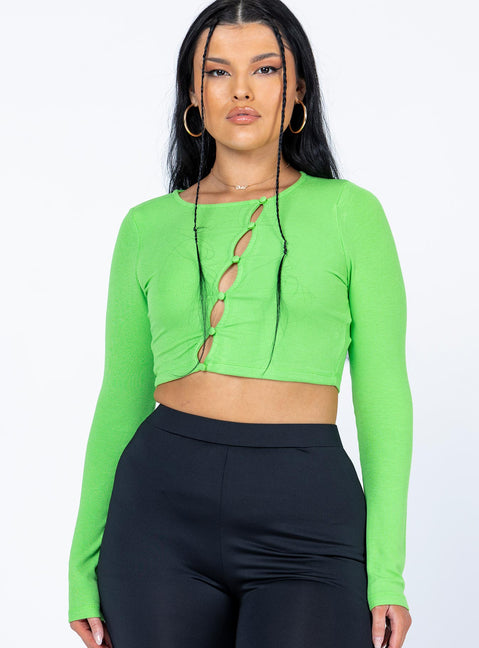 front view of model wearing Princess Polly Astrid Long Sleeve Top Green 