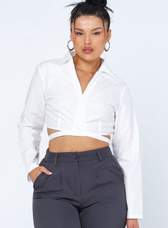 front view of model wearing Princess Polly Philipa Long Sleeve Top White 