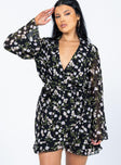 front view of model wearing Princess Polly Marty Long Sleeve Mini Dress Black Floral 