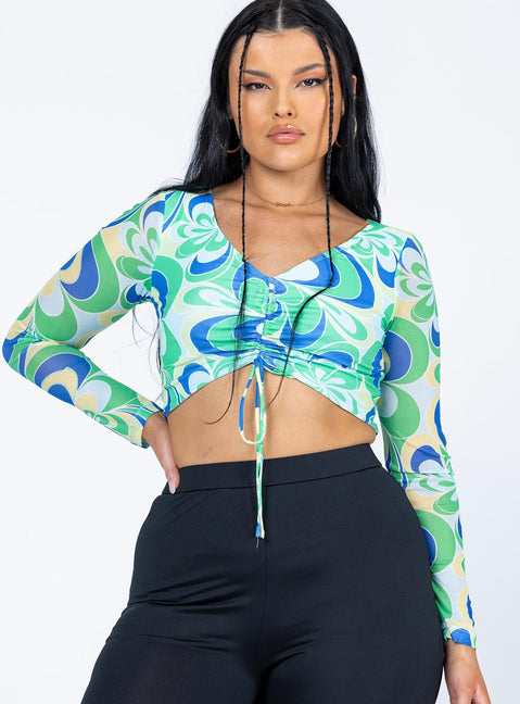 front view of model wearing Princess Polly Wallace Long Sleeve Top Green / Blue 