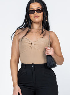 front view of model wearing Princess Polly Kallista Bodysuit Beige Sleeveless Sweetheart 