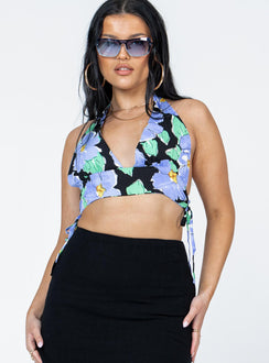 front view of model wearing Princess Polly Meadowbank Top Black / Blue Sleeveless V-Neck 