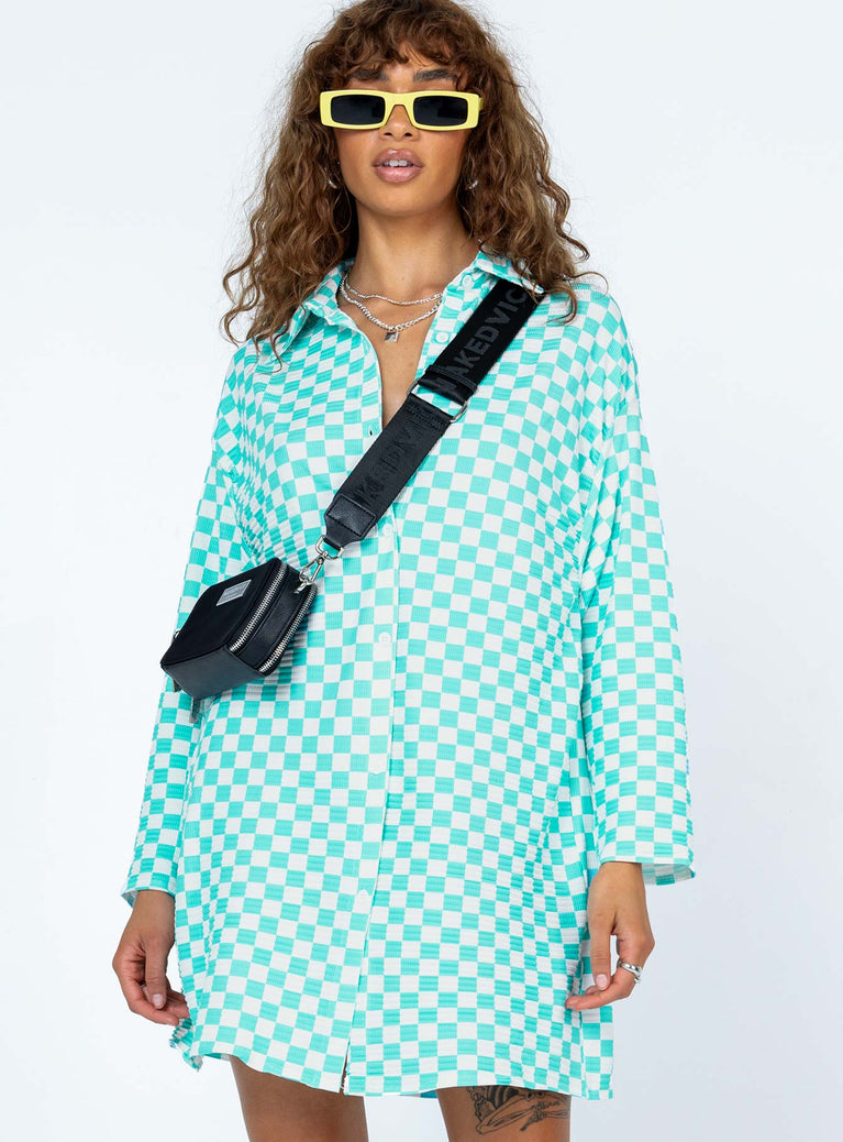 Front view of model wearing  front Princess Polly V-Neck  Loraine Shirt Mini Dress Blue Check