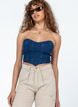 Bustier top Dark wash denim  Sweetheart neckline Pointed hem  Zip fastening at back 