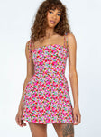 Front view of model wearing  front Princess Polly Square Neck  Elissa Mini Dress Pink Floral