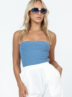 front view of model wearing Princess Polly Rebel Feist Bodysuit Navy Stripe Sleeveless straight 