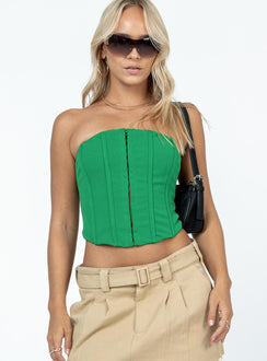 Front view of model wearing  front Princess Polly Sleeveless Square Neck  Camil Strapless Top Green