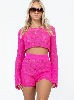 Matching set Sheer crochet material  Long sleeve crop top Flared sleeves  High waisted shorts Elasticated waistband