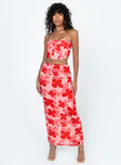 Matching set Floral print Strapless crop top Inner silicone strip Clasp & zip fastening at back Curved hem Midi skirt Invisible zip fastening at back High slit at back