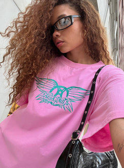 Front view of model wearing  front Princess Polly Half Sleeves Crew Neck  Aerosmith Oversized Tee Pink