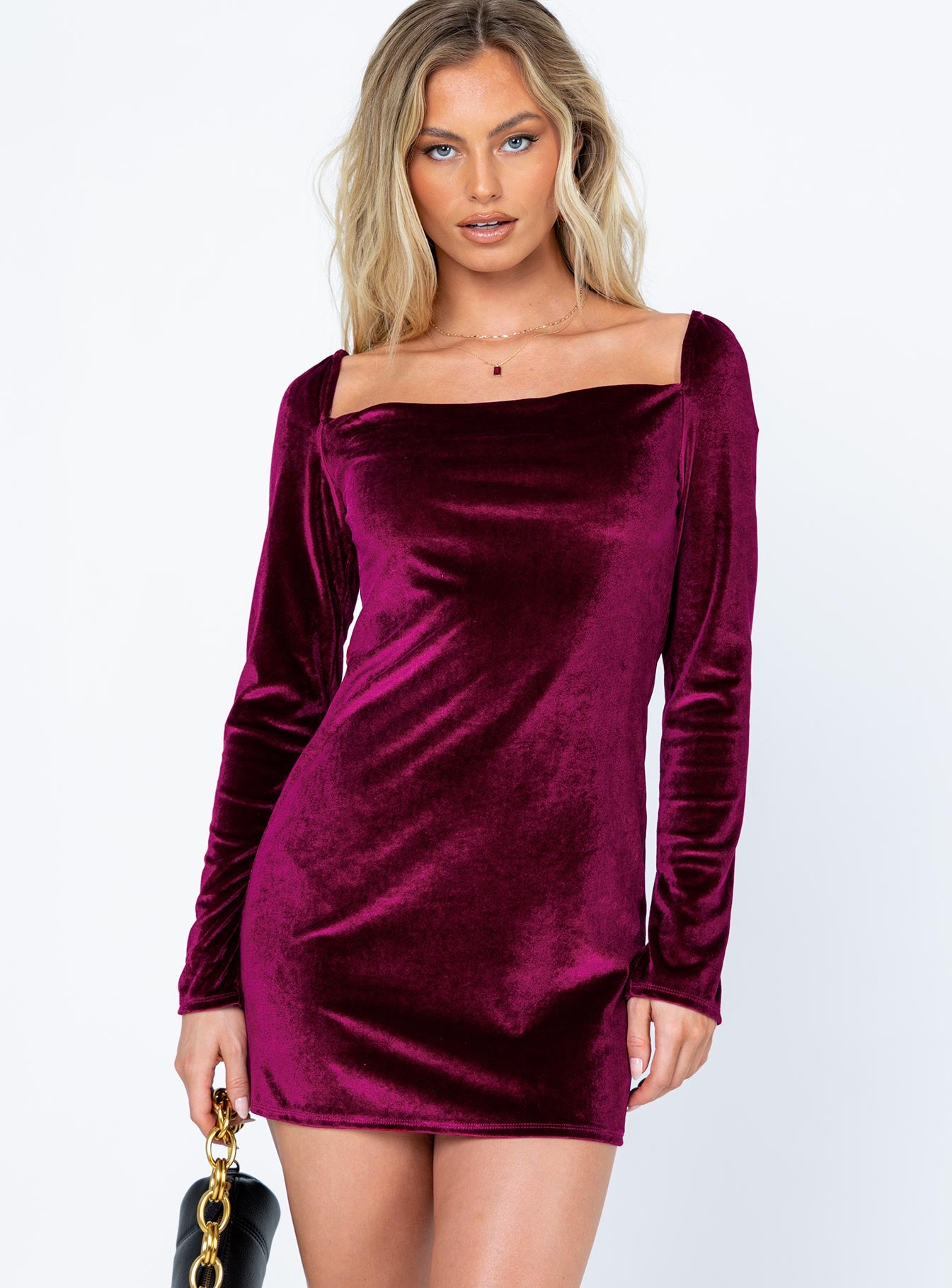 front view of model wearing Princess Polly Star Power Velvet Mini Dress Burgundy 
