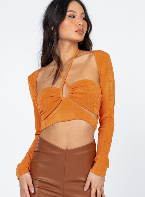 front view of model wearing Princess Polly Malaya Long Sleeve Top Orange 