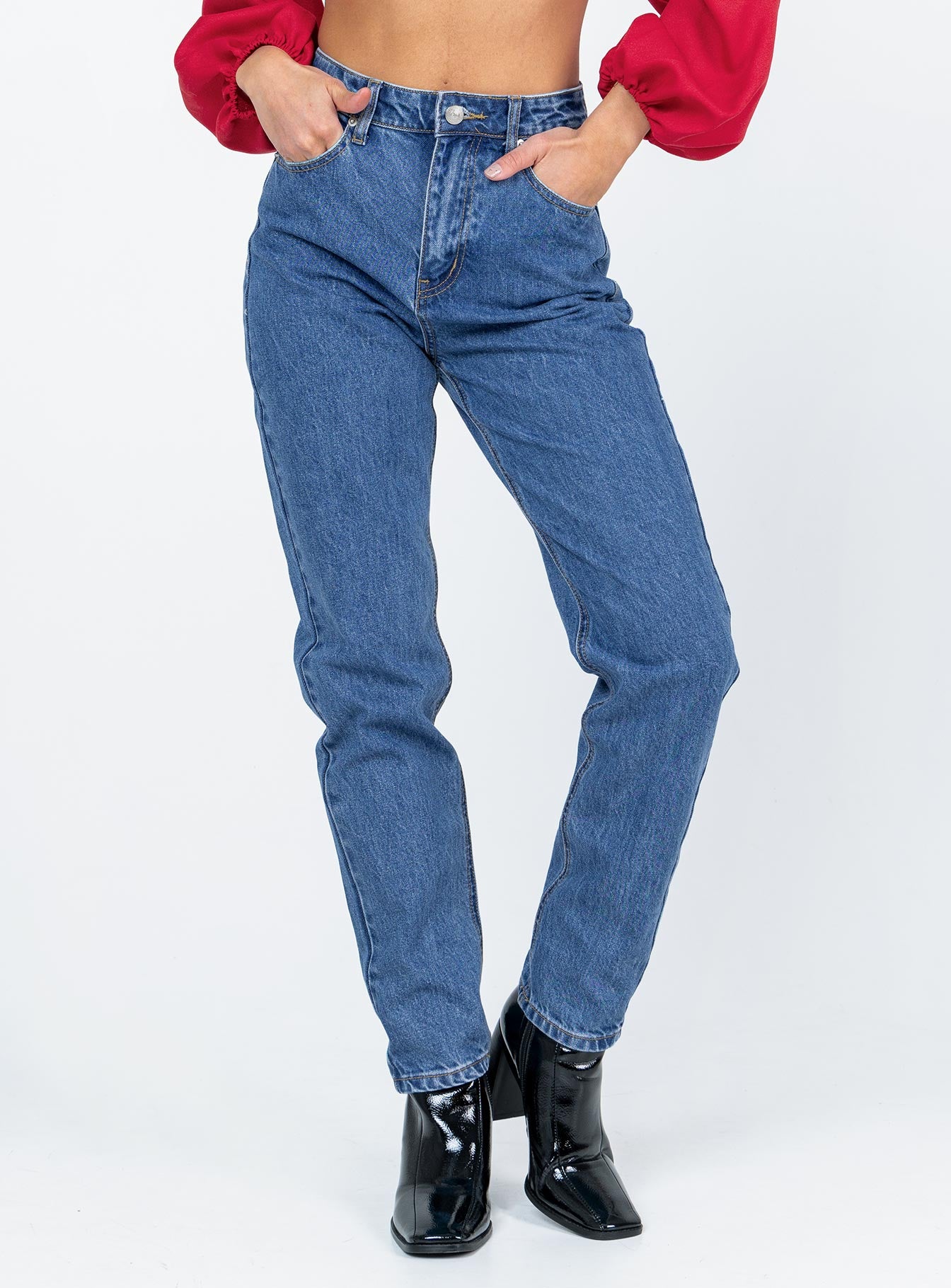 front view of model wearing Princess Polly Montenegro Skinny Denim Jeans High Waisted 