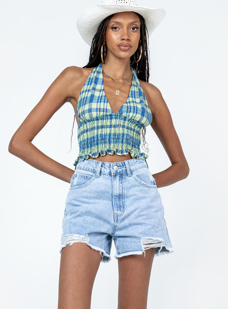 Shorts  100% cotton Light wash denim  High waisted  Zip & button fastening  Belt looped waist  Classic five-pocket design  Princess Polly badge on back Distressed rips throughout  Frayed hem 