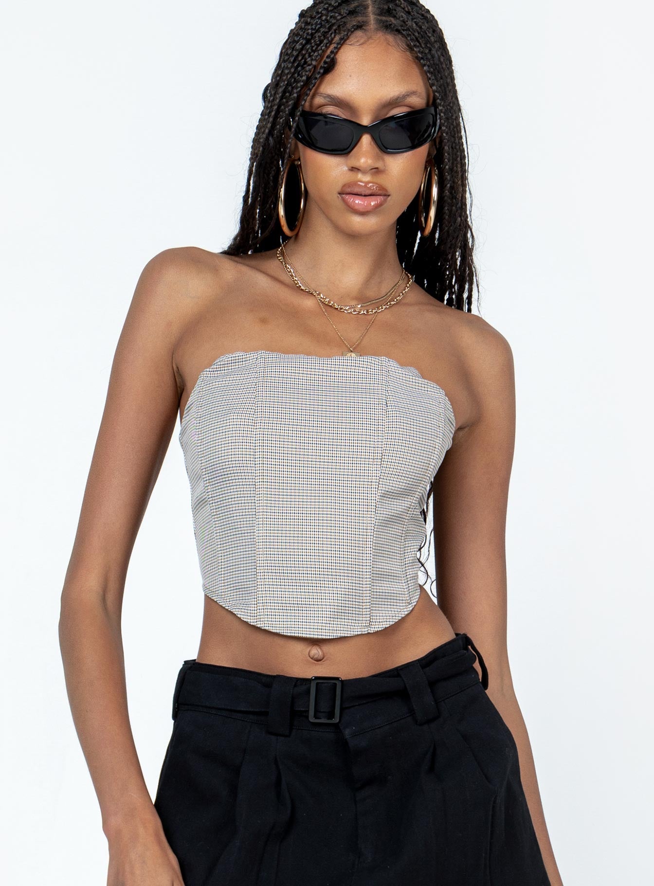 product Princess Polly Sleeveless Asymmetric Neckline  Halford Bustier Top Houndstooth