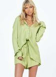 Matching set Button front fastening Oversized shirt Single-button cuff High waisted shorts  Drawstring waistband