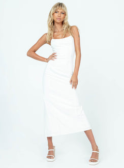 Front view of model wearing  front Princess Polly High Neck  Tristan Midi Dress White