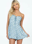 Strapless romper Floral print  Ruffle neckline  Boning through front  Invisible zip fastening at back 