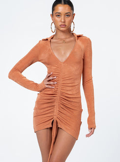 Front view of model wearing  front Princess Polly Scoop Neck  Carley Long Sleeve Mini Dress Orange