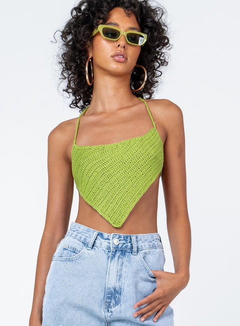 front view of model wearing Princess Polly Vermont Top Green Sleeveless Scoop Neck 