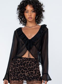 front view of model wearing Princess Polly Colby Long Sleeve Top Black Full Sleeves V-Neck 