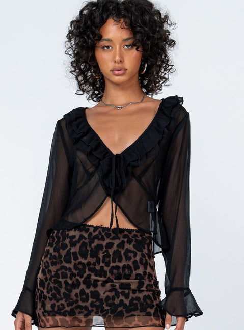 front view of model wearing Princess Polly Colby Long Sleeve Top Black Full Sleeves V-Neck 