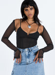 side view of model wearing Princess Polly Archo Mesh Bodysuit Black Full Sleeves Scoop Neck 